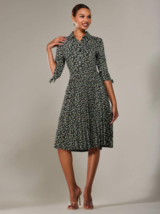 ¾ Sleeve Button Up Midi Dress, Black Pattern