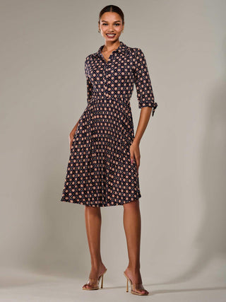 ¾ Sleeve Button Up Midi Dress, Navy Pattern