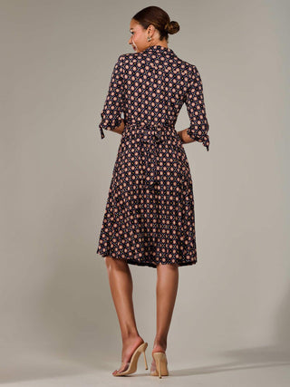 ¾ Sleeve Button Up Midi Dress, Navy Pattern