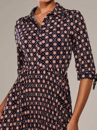 ¾ Sleeve Button Up Midi Dress, Navy Pattern