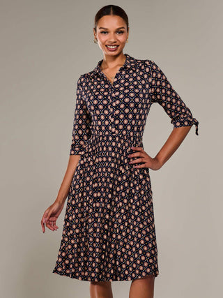 ¾ Sleeve Button Up Midi Dress, Navy Pattern