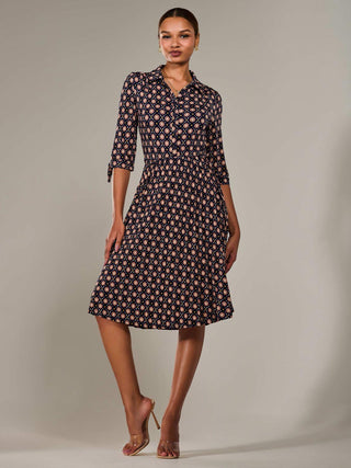 ¾ Sleeve Button Up Midi Dress, Navy Pattern