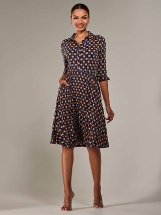 ¾ Sleeve Button Up Midi Dress, Navy Pattern