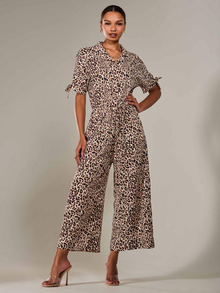 Wide Leg Half Sleeve Jumpsuit, Brown Leopard