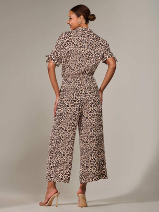 Wide Leg Half Sleeve Jumpsuit, Brown Leopard
