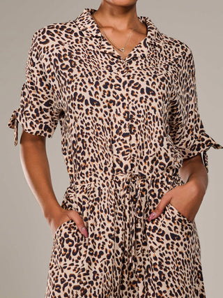 Wide Leg Half Sleeve Jumpsuit, Brown Leopard