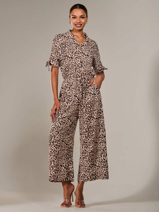 Wide Leg Half Sleeve Jumpsuit, Brown Leopard