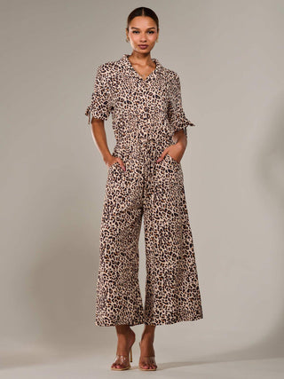 Wide Leg Half Sleeve Jumpsuit, Brown Leopard