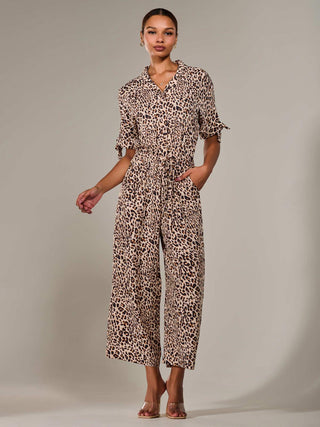 Wide Leg Half Sleeve Jumpsuit, Brown Leopard