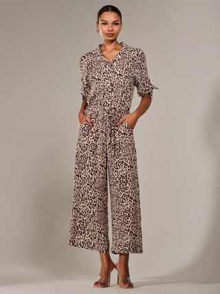 Wide Leg Half Sleeve Jumpsuit, Brown Leopard