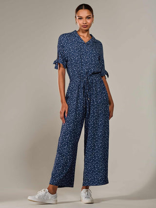 Wide Leg Half Sleeve Jumpsuit, Navy Spot