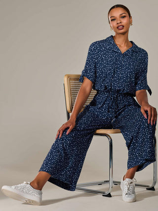 Wide Leg Half Sleeve Jumpsuit, Navy Spot