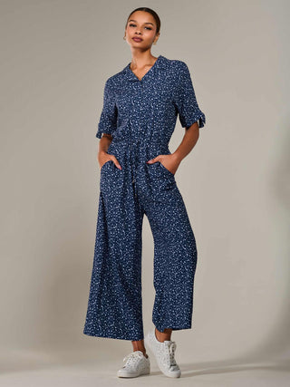 Wide Leg Half Sleeve Jumpsuit, Navy Spot