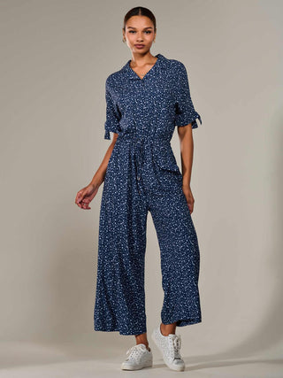 Wide Leg Half Sleeve Jumpsuit, Navy Spot