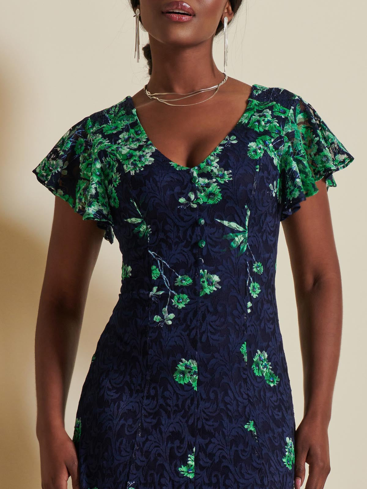Lace Floral Print Fit & Flare Maxi Dress, Green Floral