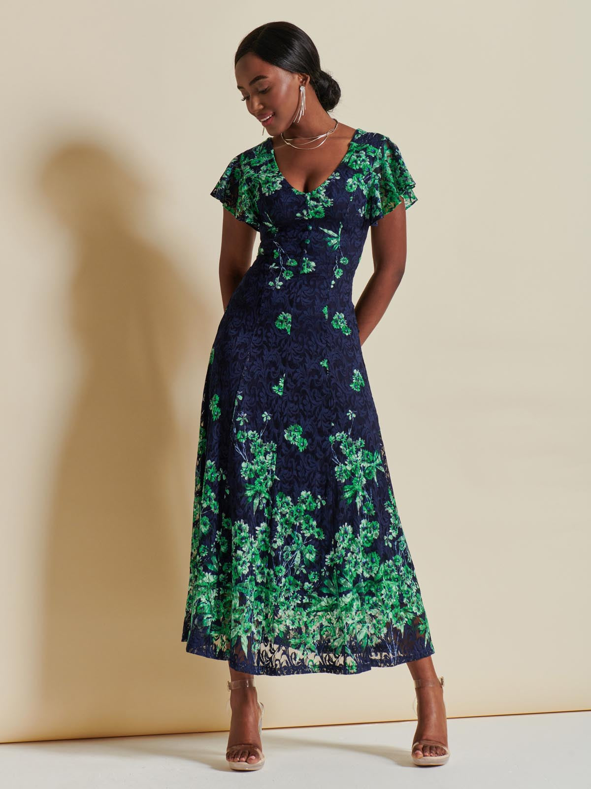 Lace Floral Print Fit & Flare Maxi Dress, Green Floral