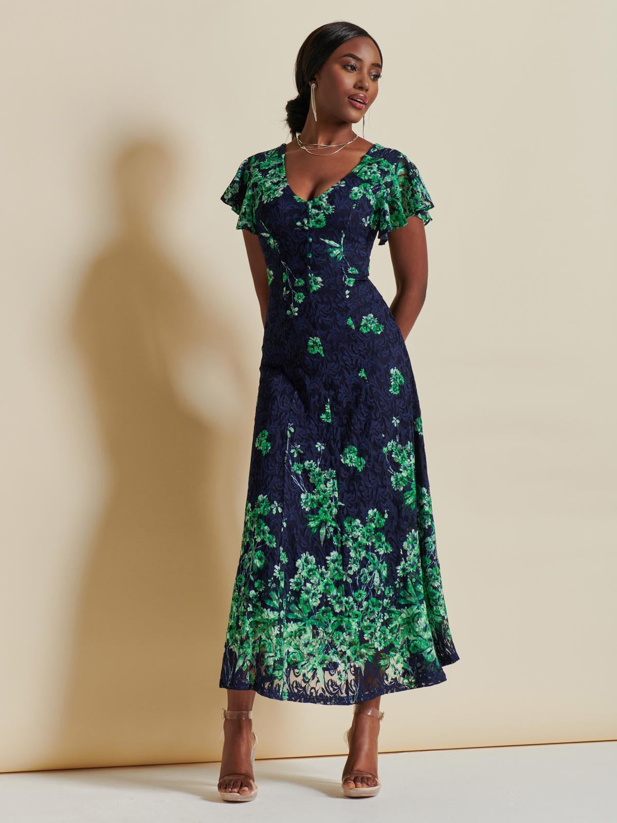 Lace Floral Print Fit & Flare Maxi Dress, Green Floral