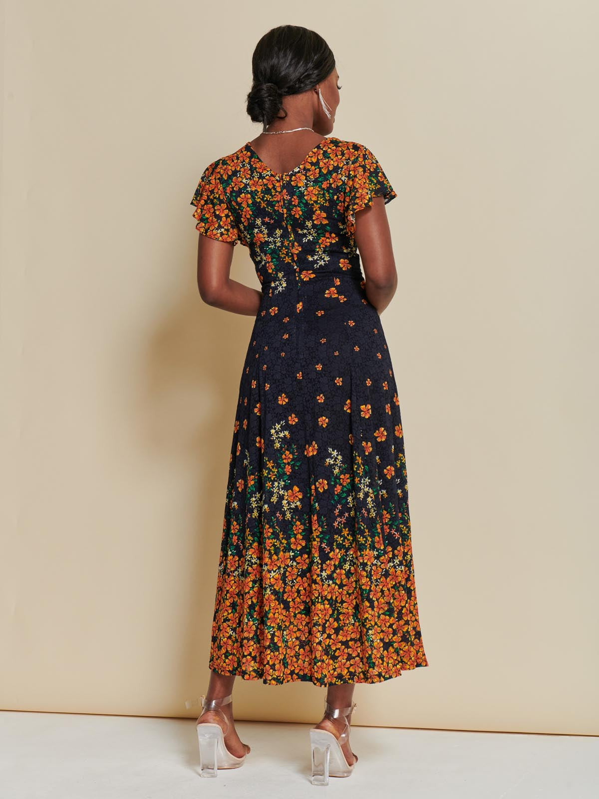 Lace Floral Print Fit & Flare Maxi Dress, Orange Multi