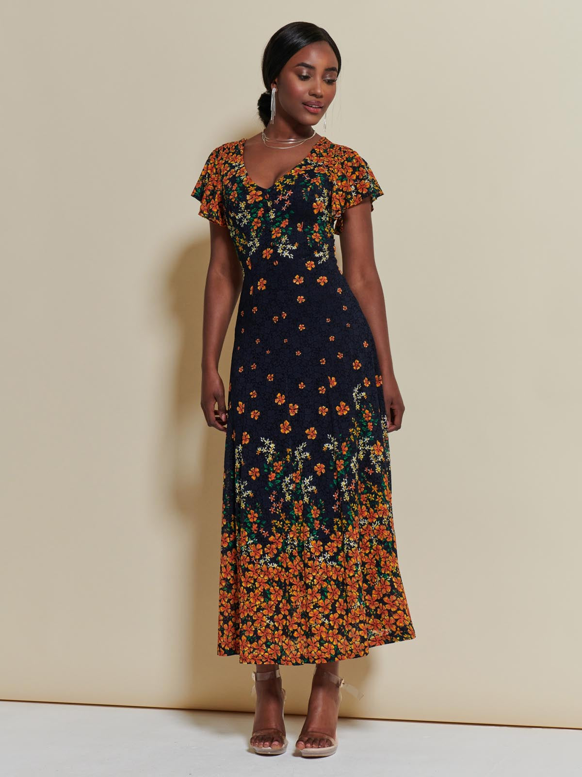 Lace Floral Print Fit & Flare Maxi Dress, Orange Multi