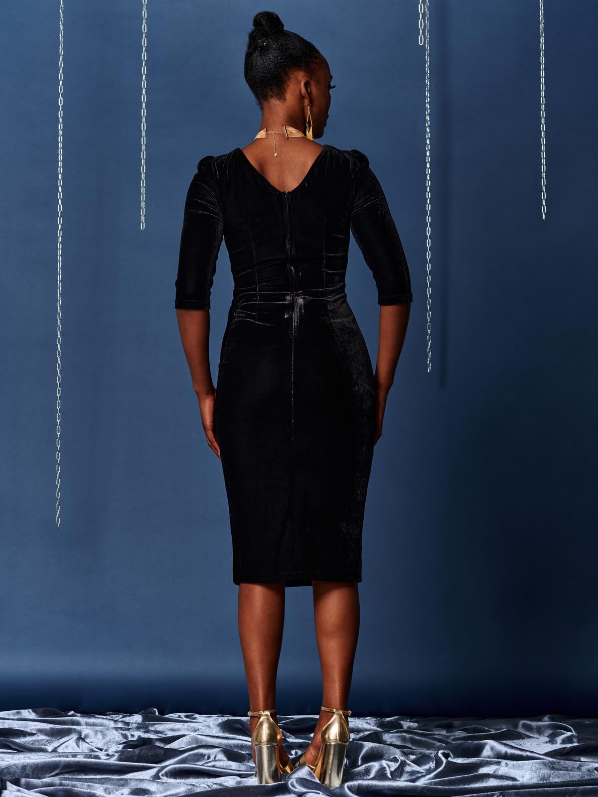 Velvet Tie Detail BodyCon Dress, Black