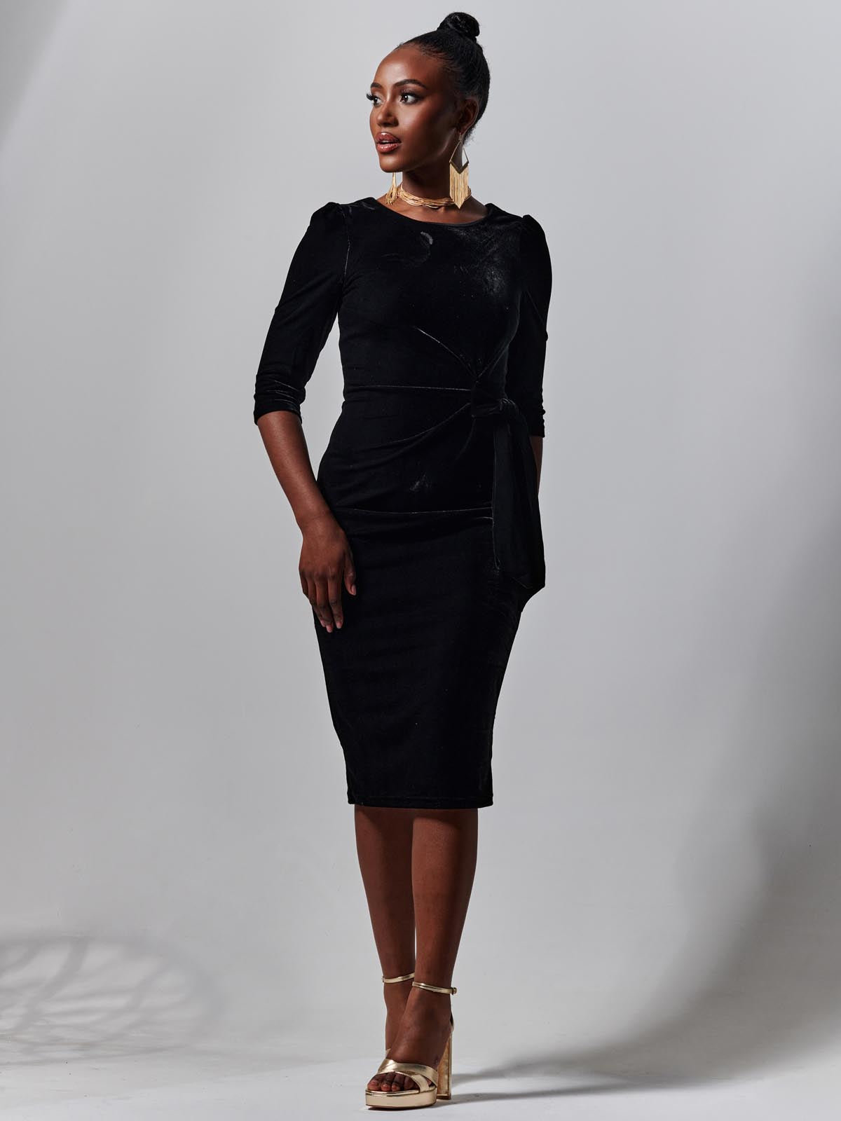 Velvet Tie Detail BodyCon Dress, Black