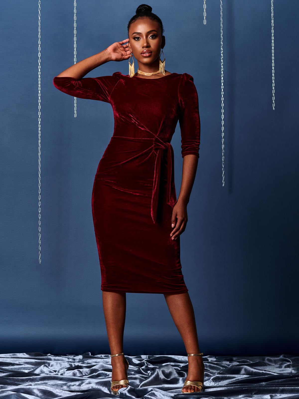Velvet Tie Detail BodyCon Dress, Burgundy