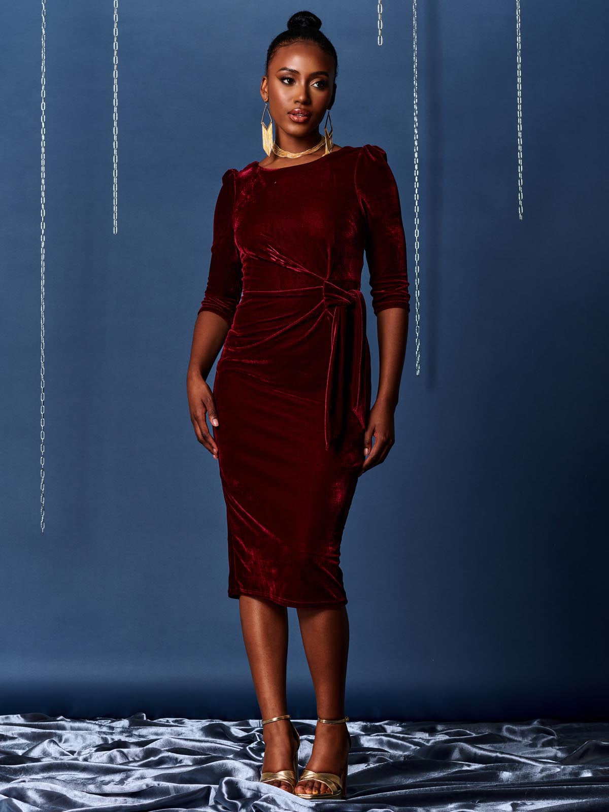 Velvet Tie Detail BodyCon Dress, Burgundy