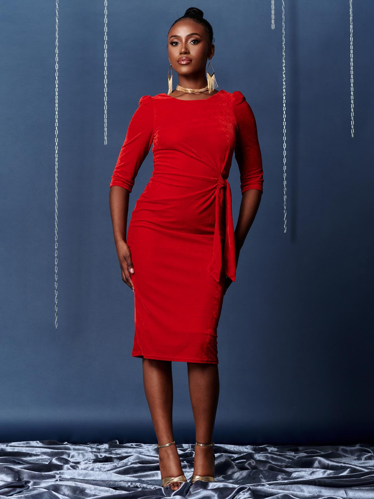 Velvet Tie Detail BodyCon Dress, Red
