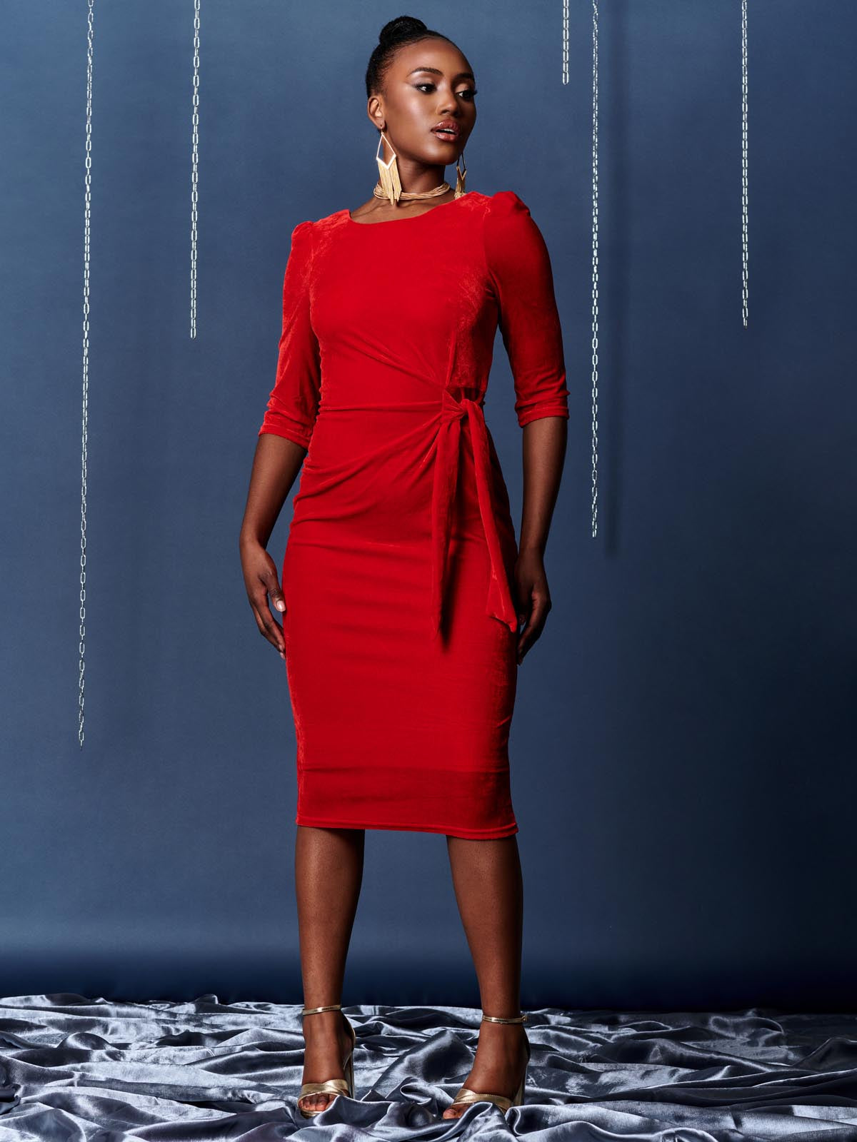 Velvet Tie Detail BodyCon Dress, Red
