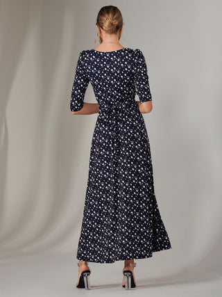Enya 3/4 Sleeve Jersey Midaxi Dress, Navy White Floral