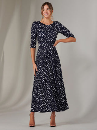 Enya 3/4 Sleeve Jersey Midaxi Dress, Navy White Floral
