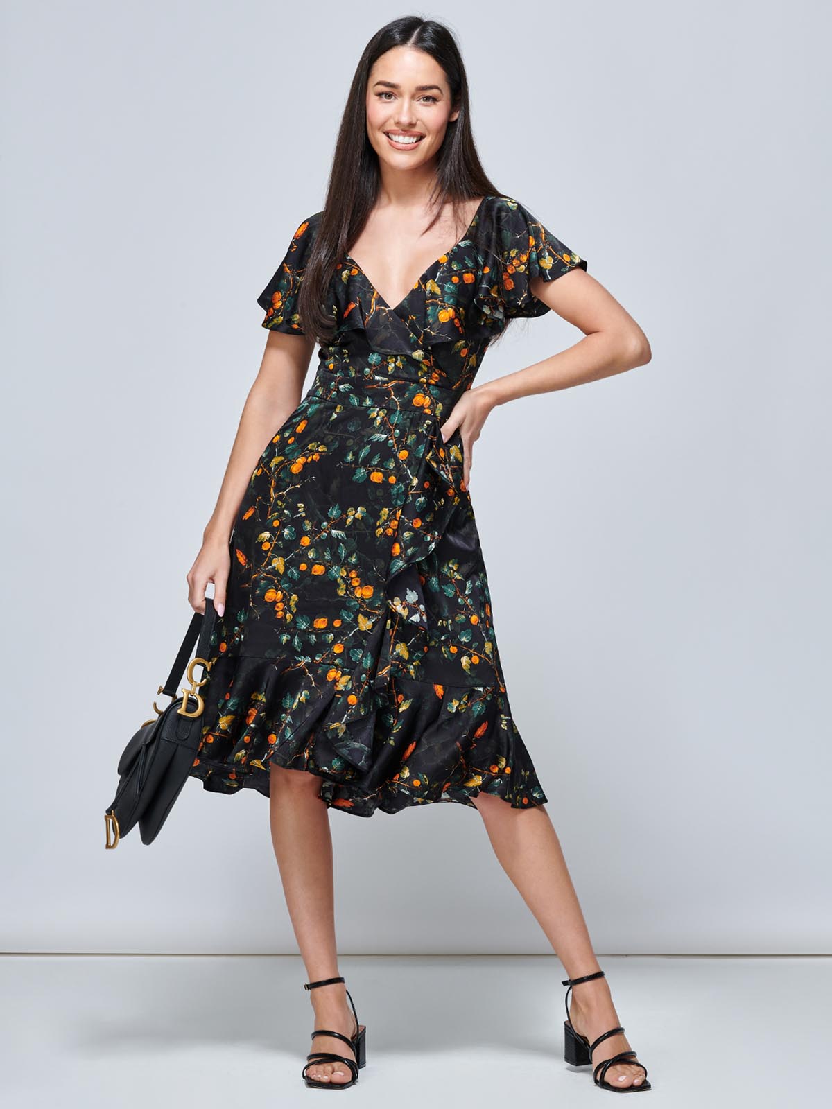 Julissa Satin Flare Hem Dress, Black Multi