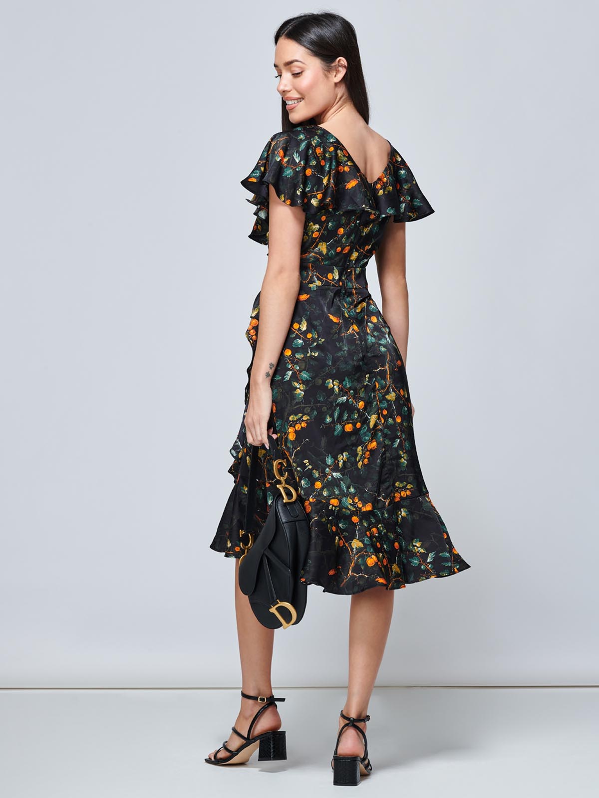 Julissa Satin Flare Hem Dress, Black Multi