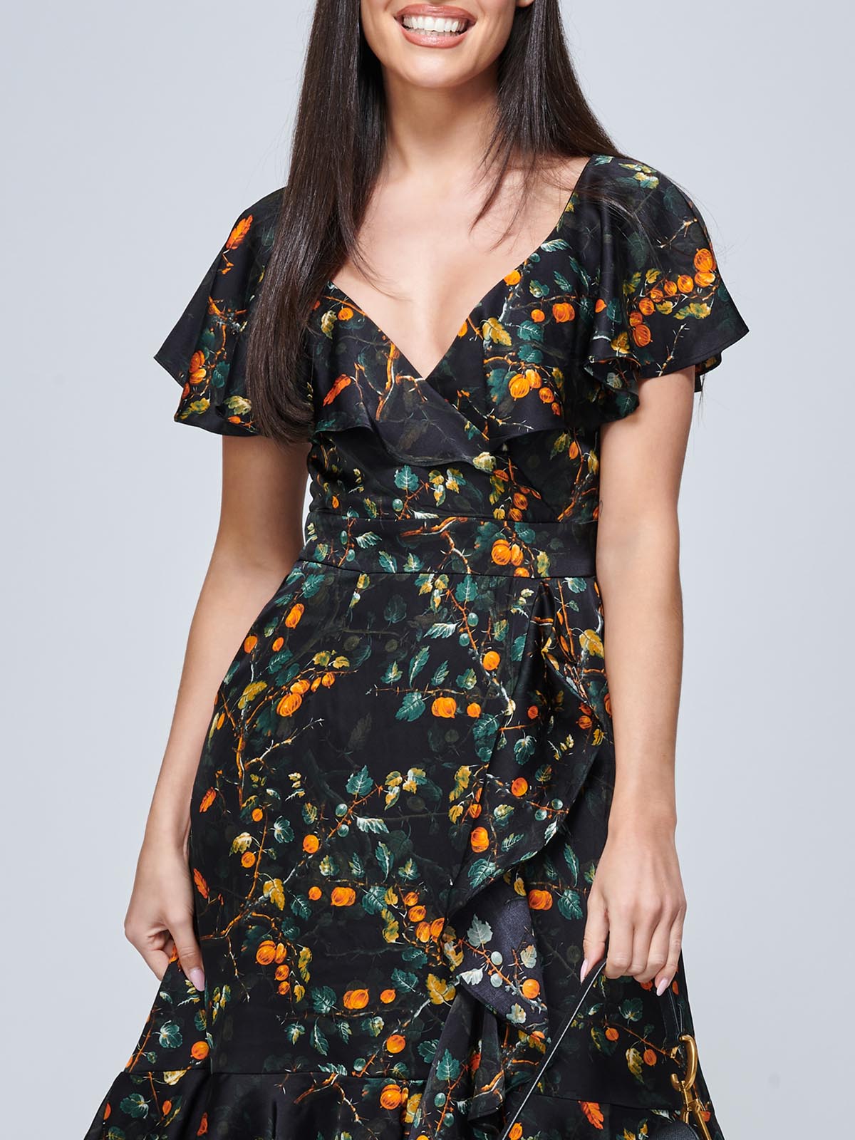 Julissa Satin Flare Hem Dress, Black Multi