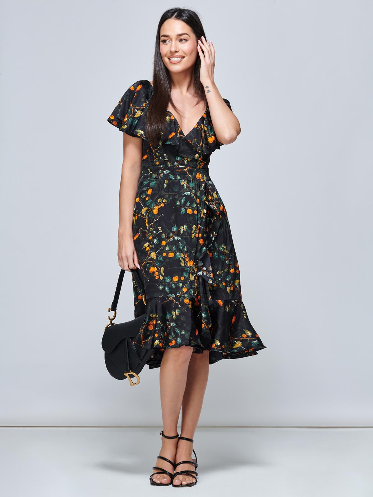 Julissa Satin Flare Hem Dress, Black Multi