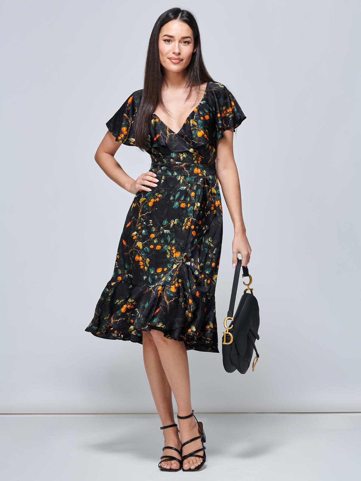 Julissa Satin Flare Hem Dress, Black Multi