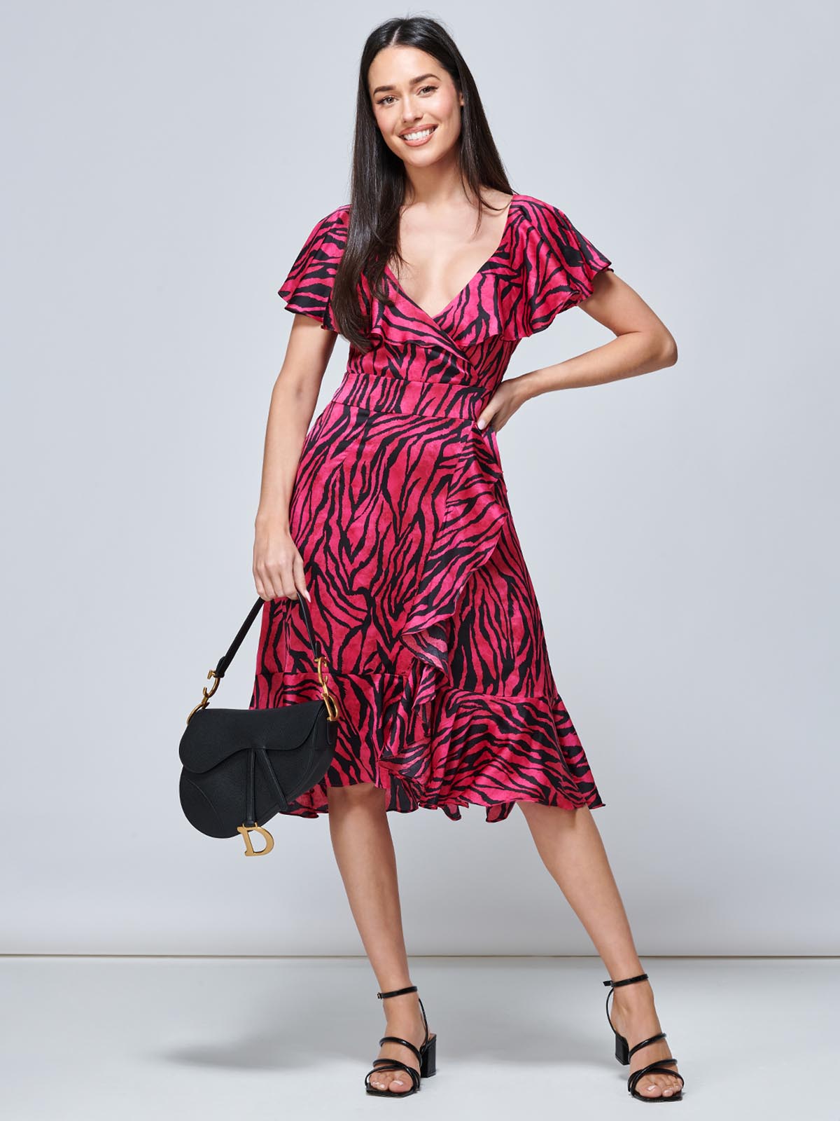 Julissa Satin Flare Hem Dress, Magenta Animal