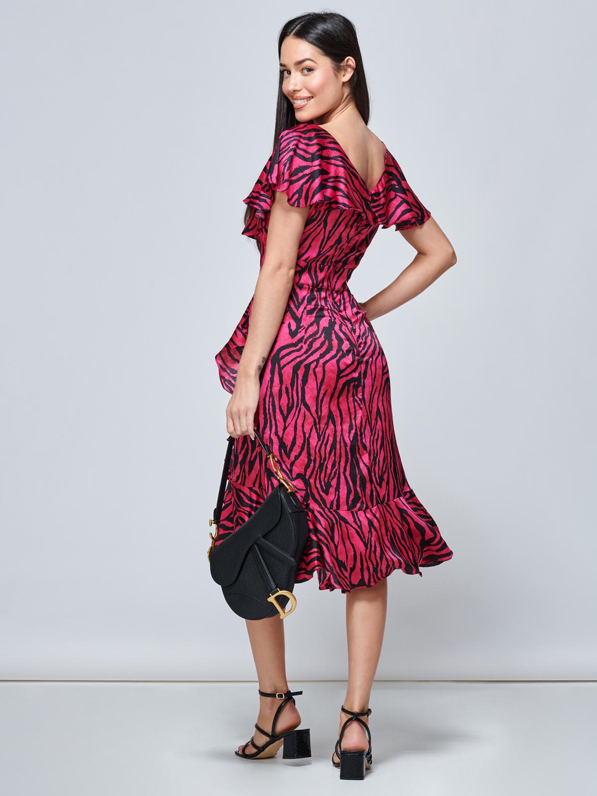 Julissa Satin Flare Hem Dress, Magenta Animal