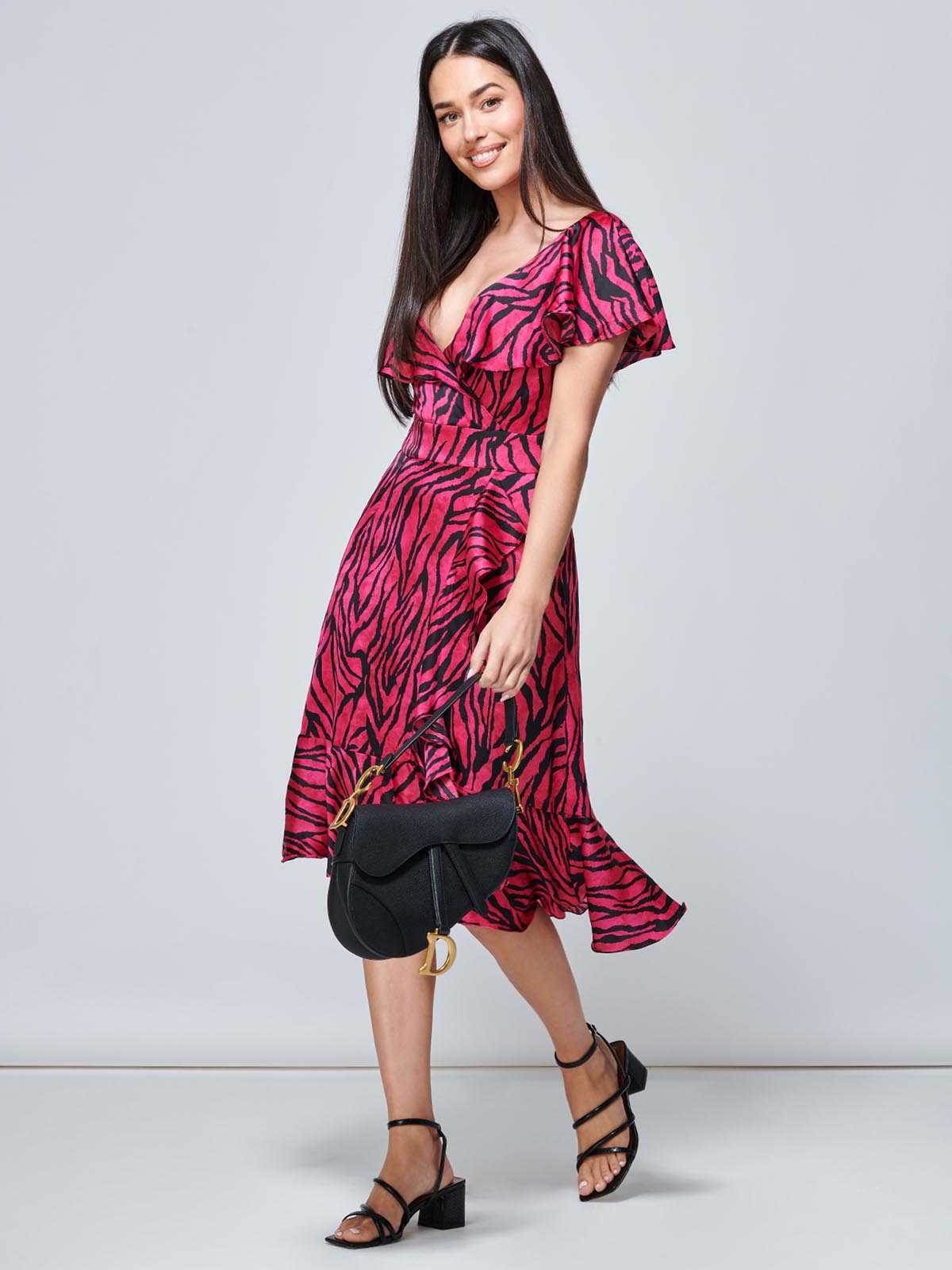 Julissa Satin Flare Hem Dress, Magenta Animal