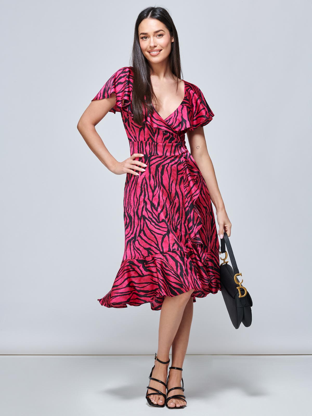 Julissa Satin Flare Hem Dress, Magenta Animal