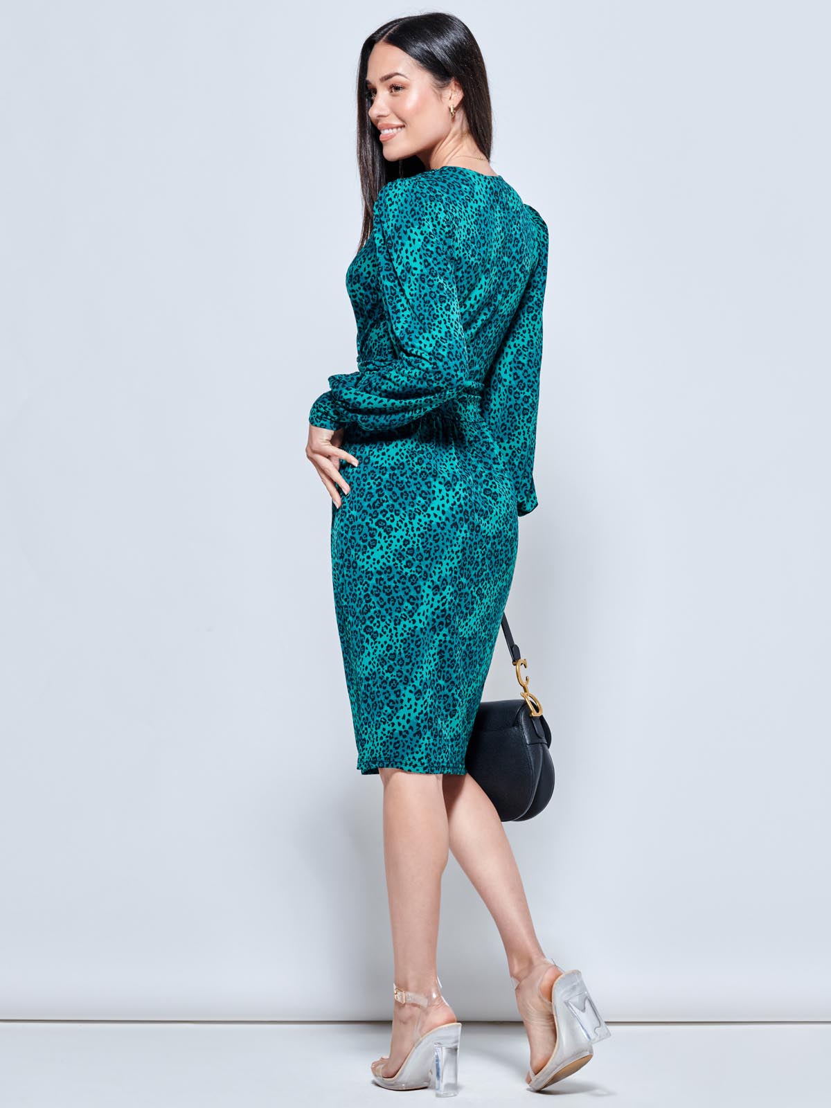 Print Long Sleeve Jersey Work Dress, Green Animal