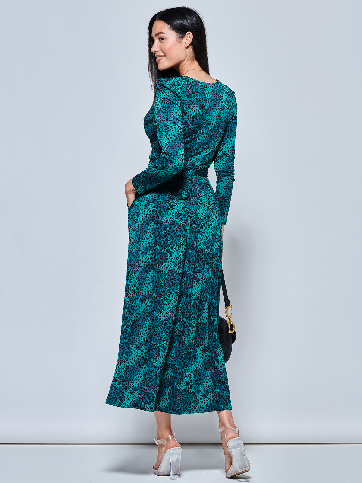 Animal Print Long Sleeve Maxi Dress, Green Animal