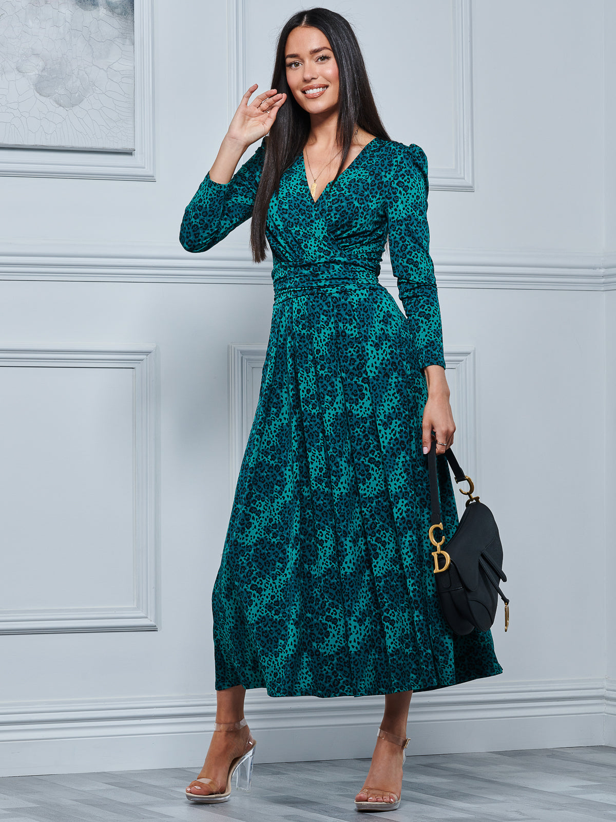 Animal Print Long Sleeve Maxi Dress, Green Animal