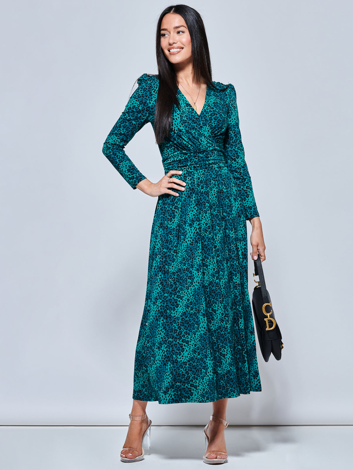 Animal Print Long Sleeve Maxi Dress, Green Animal