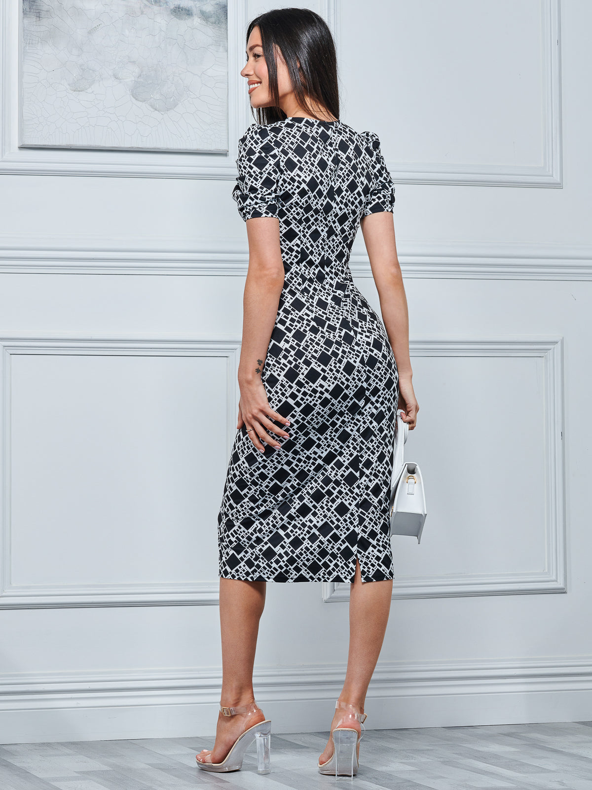 V Neck Bodycon Midi Dress, Black Geo