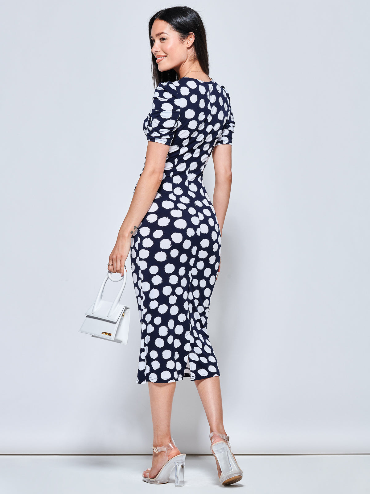 V Neck Bodycon Midi Dress, Navy Spot