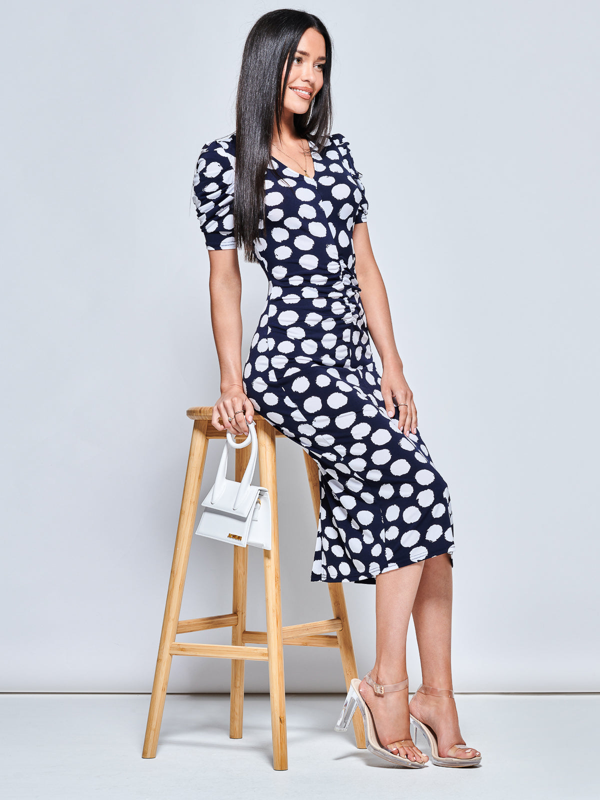 V Neck Bodycon Midi Dress, Navy Spot