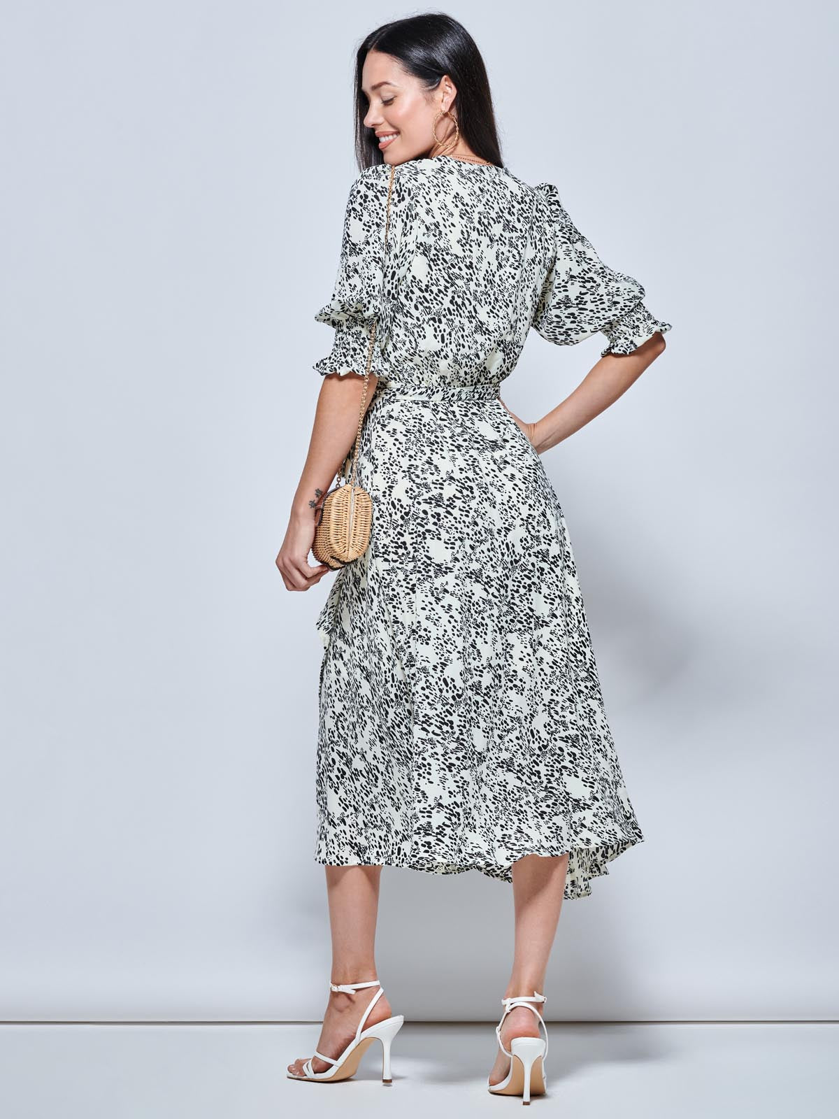 Animal Print Crepe Wrap Midi Dress, White