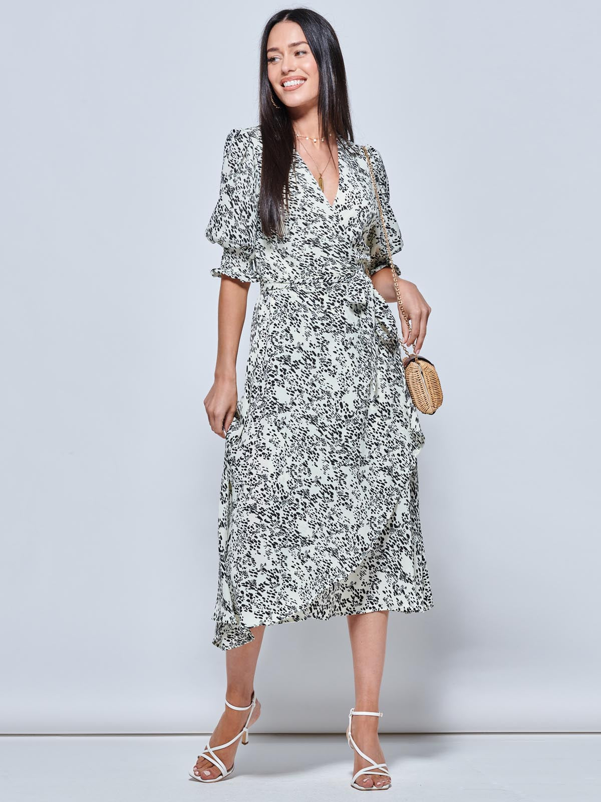 Animal Print Crepe Wrap Midi Dress, White