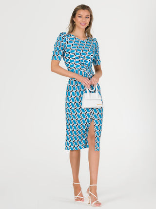 Arica Jersey Puff Sleeve Bodycon Midi Dress, Blue Geo